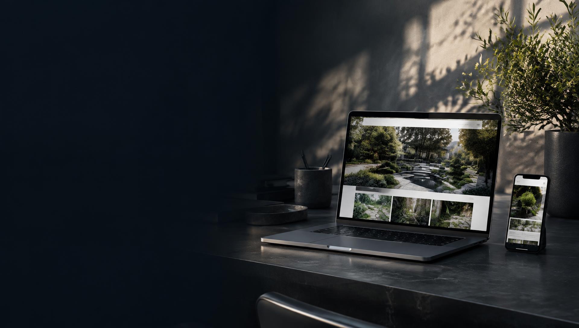 Laptop and phone displaying a landscaping website on a studio desk